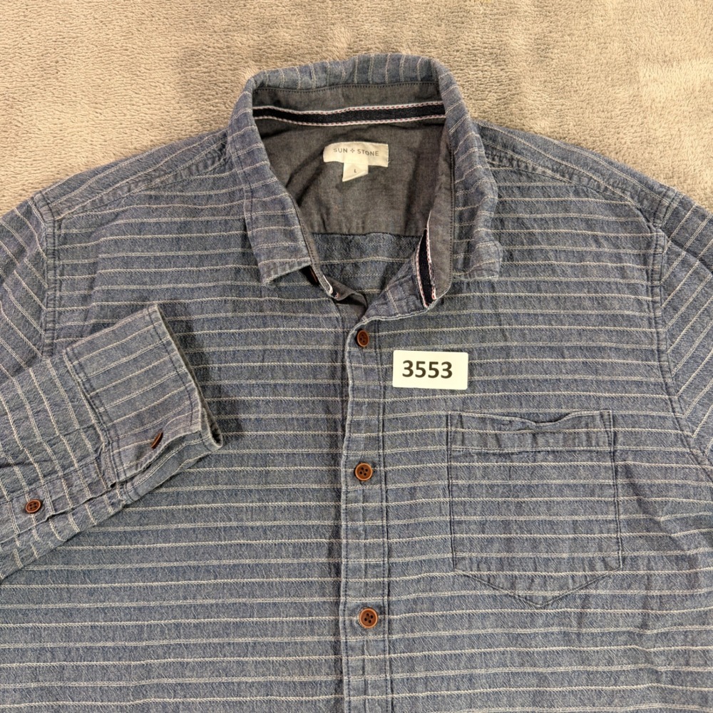 Sun + Stone Button Down Shirt Mens Large Blue Striped Long Sleeve Cotton